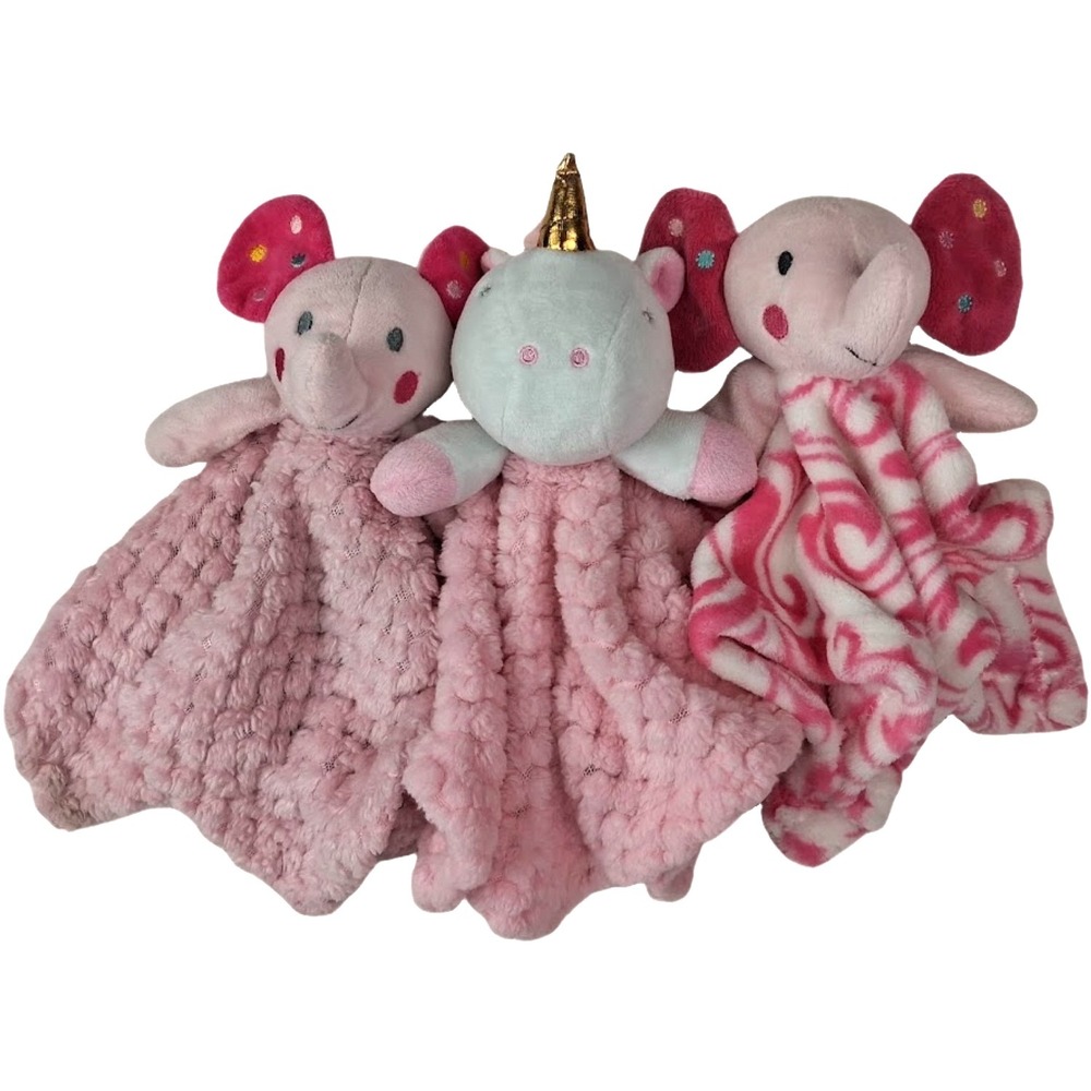 3pc Baby Girl Security Blanket Lot Sunrise‎ RN 130369 Pink Elephant Unicorn